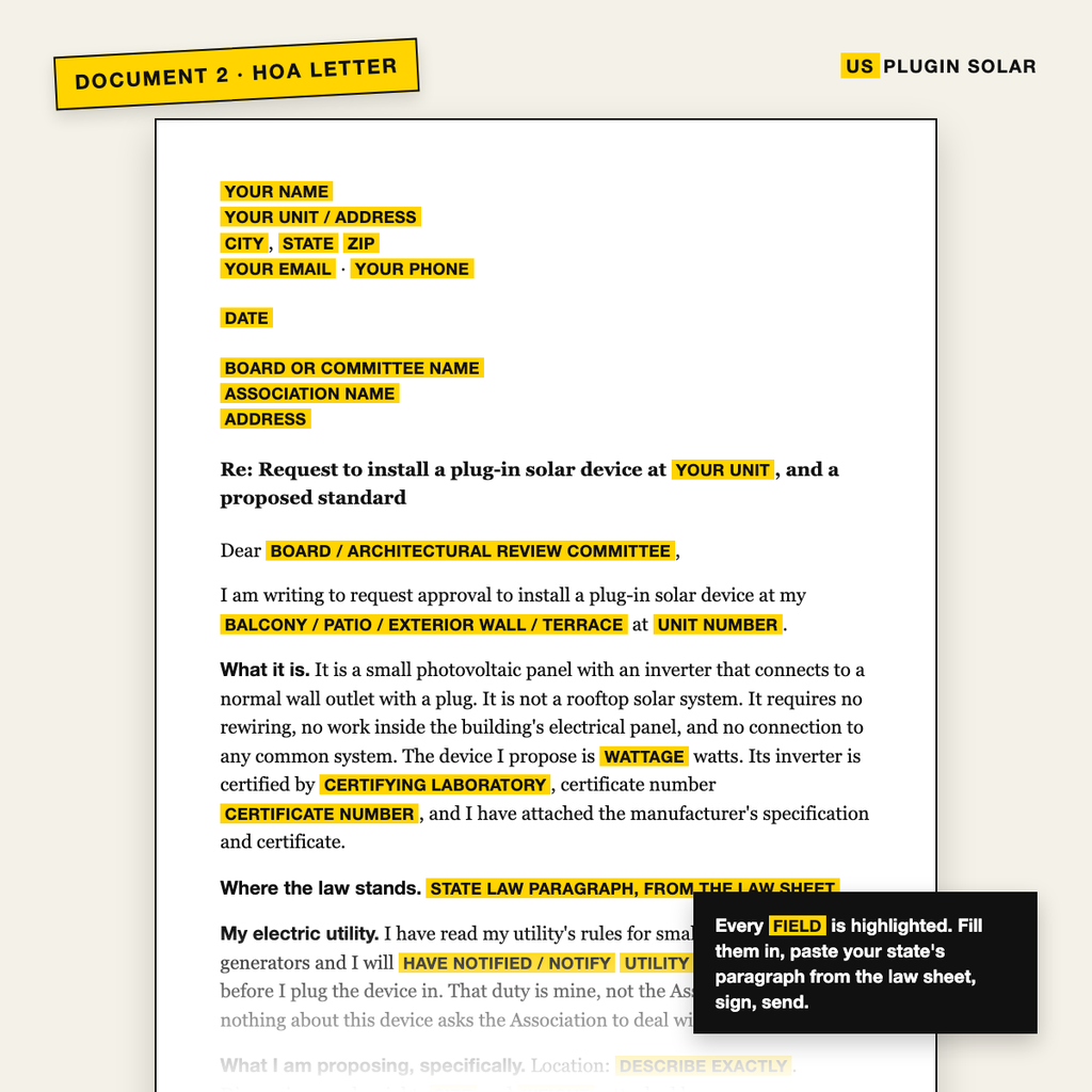Preview of the HOA request letter with every fill-in field highlighted in yellow: your name, unit, board name, wattage, certifying laboratory, certificate number, and a slot for your state's law paragraph.
