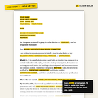 Preview of the HOA request letter with every fill-in field highlighted in yellow: your name, unit, board name, wattage, certifying laboratory, certificate number, and a slot for your state's law paragraph.