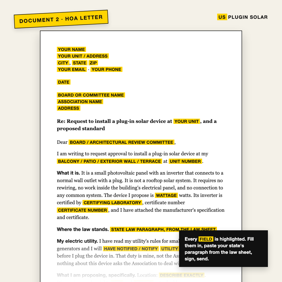 Preview of the HOA request letter with every fill-in field highlighted in yellow: your name, unit, board name, wattage, certifying laboratory, certificate number, and a slot for your state's law paragraph.
