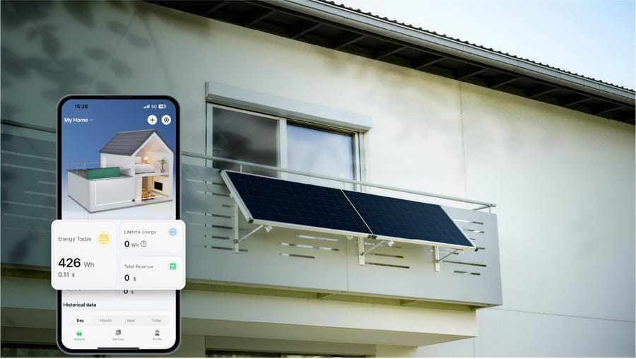 Two panels on a balcony railing with production shown in the Hoymiles S-Miles app