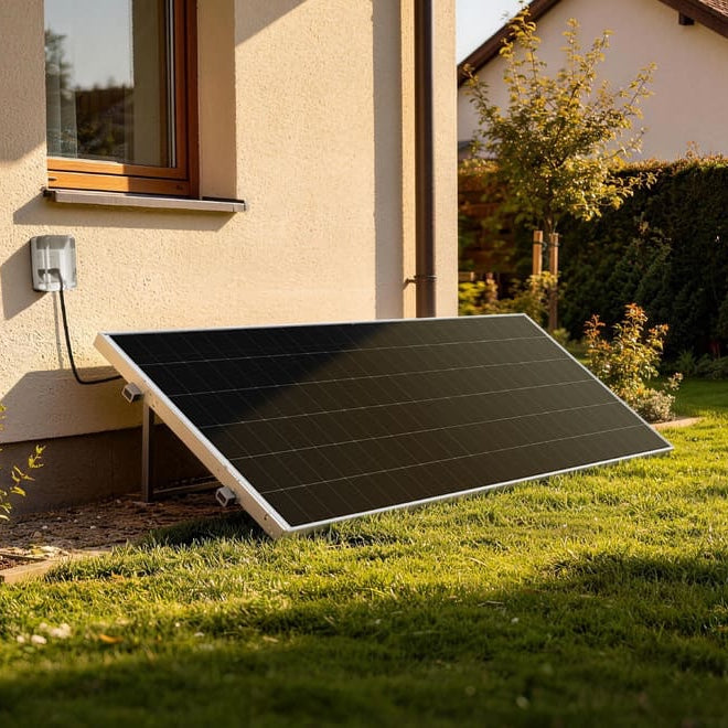 Plug-in solar panel on a lawn, plugged into an outdoor outlet