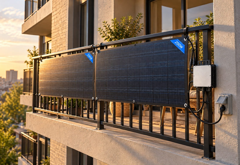 Two flexible solar panels zip-tied along an apartment balcony railing at sunset, the inverter beside them and its cord running to an outdoor outlet
